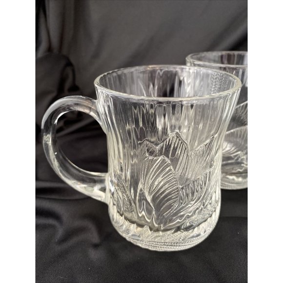Clear Glass Mugs Cups Set Of 4 Glcoloc France Canterbury Crocus Flower Leaf - Picture 3 of 8
